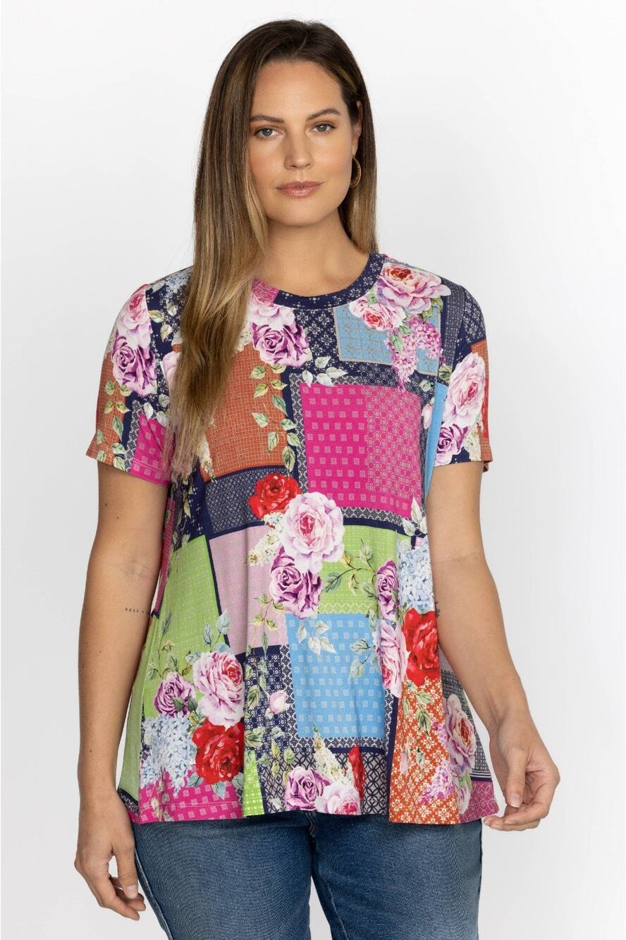 NWOT Johnny Was Janie Short Sleeve Crew Neck Patchwork Swing Tee Tunic Floral XL